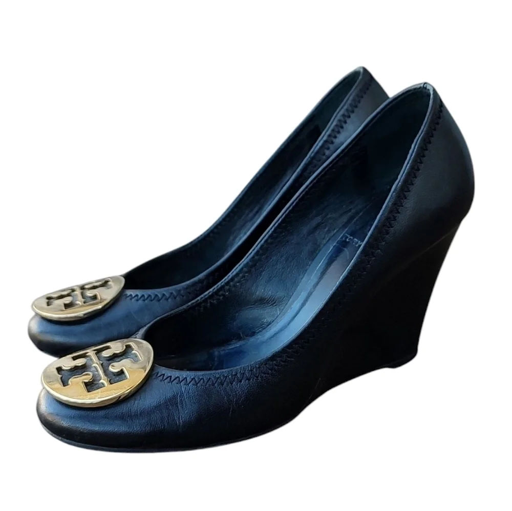 Tory Burch Black Leather Wedges